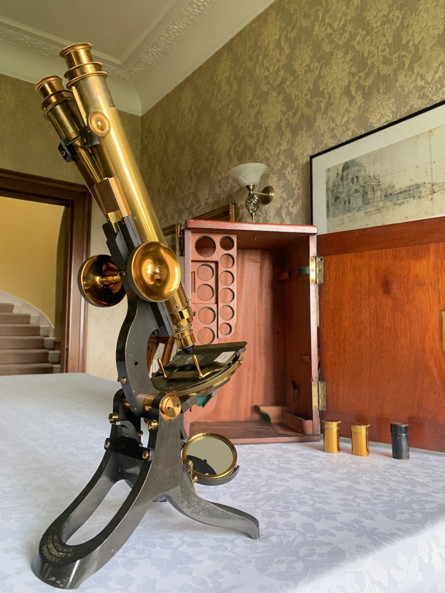 Antique Wenham Binocular Brass Microscope by J Swift & Son, London c1895, Cased